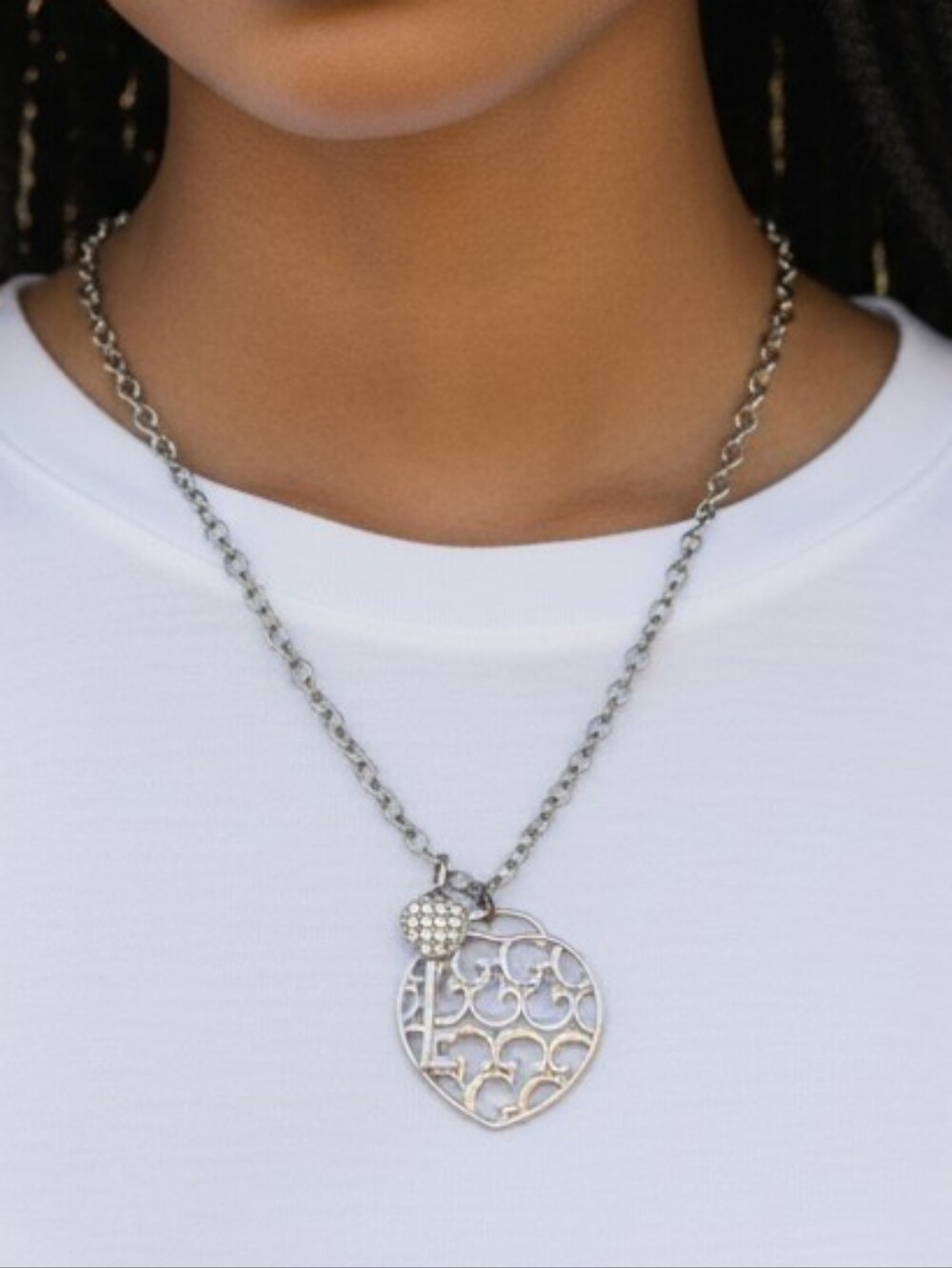 Guess Goldtone Heart Pendant Necklace with Crystal Key Charm